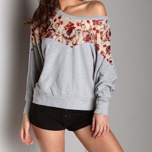 Free People Pullover Lace-Peek A Boo Gray Floral Sweater XS/TP